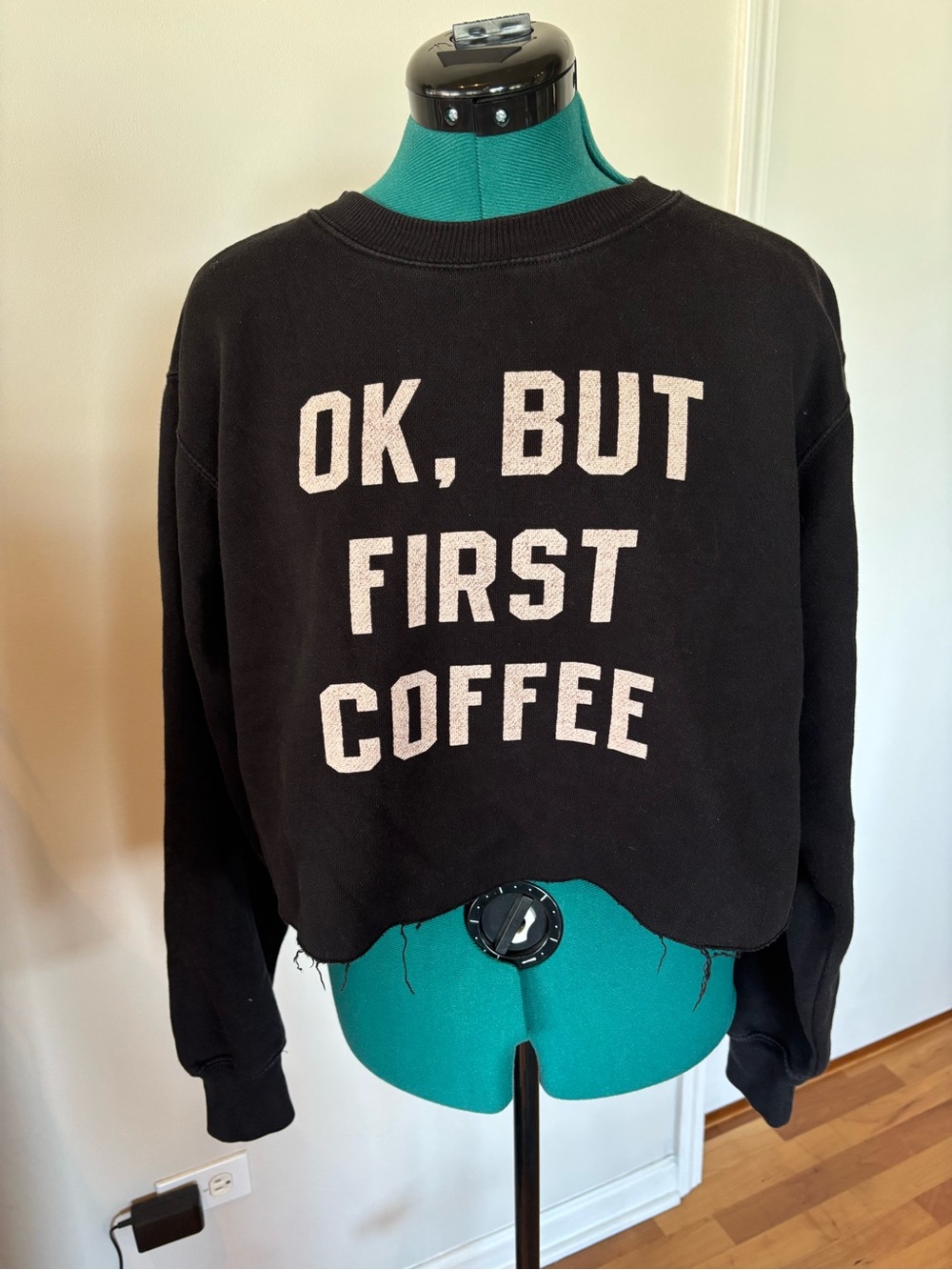Brandy Melville OK, But First Coffee Black Cropped Sweatshirt, XS